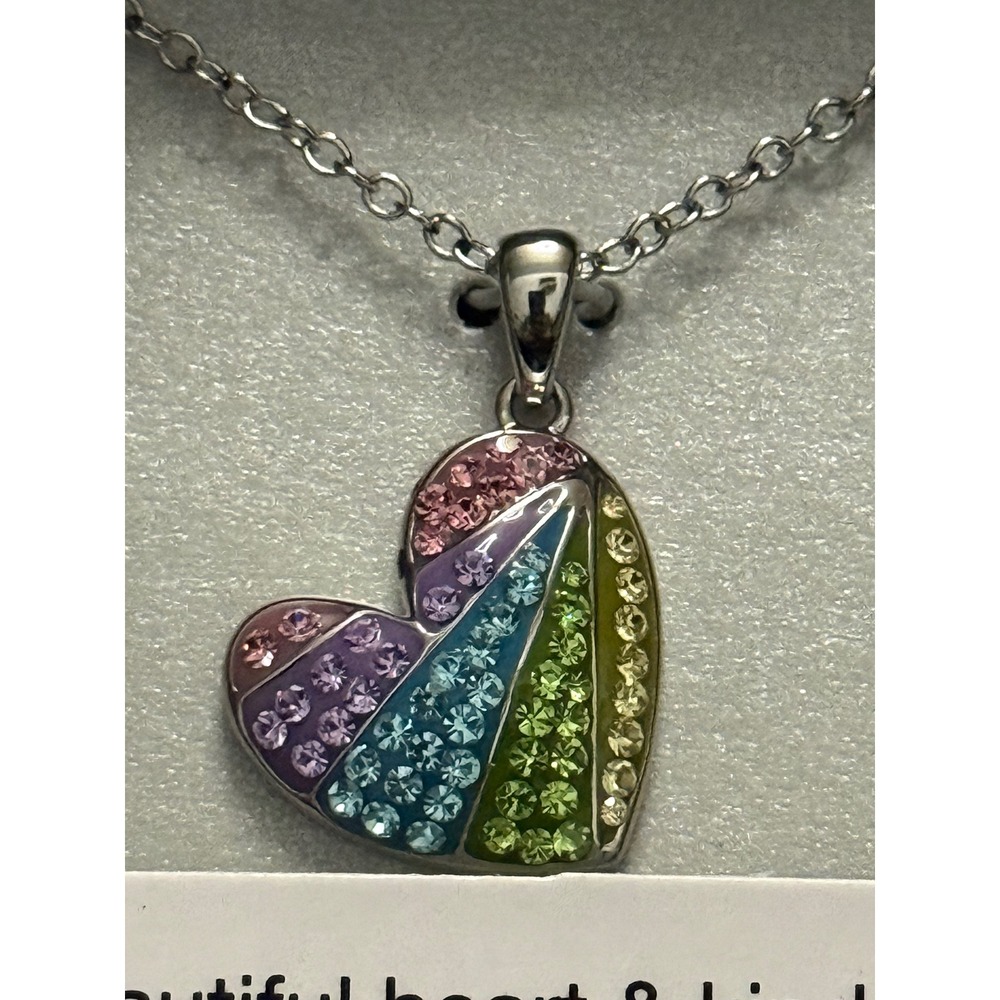 Rainbow Crystal Heart Pendant Necklace Silver Tone Gift Boxed Inspirational